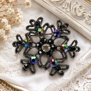 Vintage 1950s Japanned Aurora Borealis Rhinestone Brooch Pin Snowflake Floral